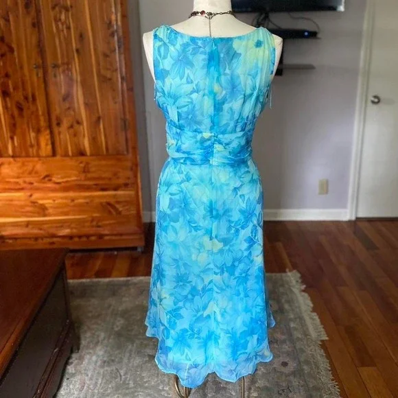 Connected Apparel Y2K Fairy Blue Floral Chiffon Midi Dress Ruched Waist Size 14 - Picture 4 of 8